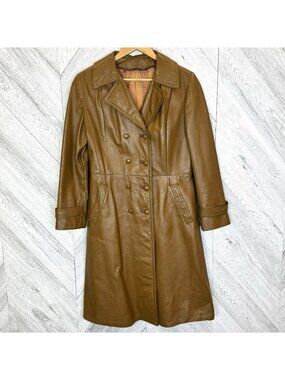 Vintage 70's Leather Trench Coat Brown Long Jacket Womens Size Medium